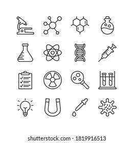 Chemistry lab icon set. Contains such Icons as experiment, flask, research, and more. Line style design. Vector graphic illustration. Suitable for website design, app, template, ui. Editable stroke.