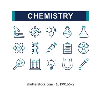 Chemistry lab icon set. Contains such Icons as experiment, flask, research, and more. Line style design. Vector graphic illustration. Suitable for website design, app, template, ui. Editable stroke.