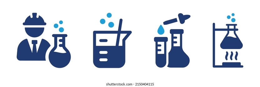 Chemistry lab icon set. Set of glassware flask or glass bottle for chemical laboratory or science lab, medicine or pharmacology liquid, fluid. Vector illustration