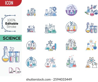 Chemistry lab icon set. Included icons as Chemical, formula, Medical analysis, Laboratory test flask, experiment and more. Drug testing, scientific discovery and disease prevention signs.