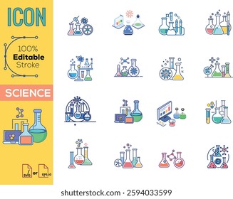 Chemistry lab icon set. Included icons as Chemical, formula, Medical analysis, Laboratory test flask, experiment and more. Drug testing, scientific discovery and disease prevention signs.