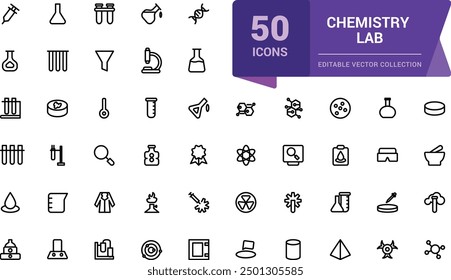 Chemistry Lab icon set. Simple Set of Chemical Related Line Icons. Contains such Icons as Atom, Flask, Experiment, Research, Laboratory and more.