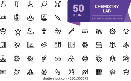 Chemistry Lab icon set. Simple Set of Chemical Related Line Icons. Contains such Icons as Atom, Flask, Experiment, Research, Laboratory and more.