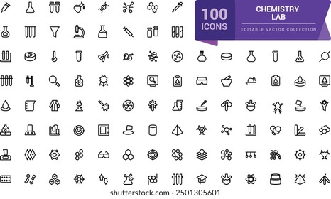 Chemistry Lab icon set. Simple Set of Chemical Related Line Icons. Contains such Icons as Atom, Flask, Experiment, Research, Laboratory and more.