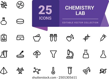 Chemistry Lab icon set. Simple Set of Chemical Related Line Icons. Contains such Icons as Atom, Flask, Experiment, Research, Laboratory and more.