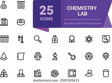 Chemistry Lab icon set. Simple Set of Chemical Related Line Icons. Contains such Icons as Atom, Flask, Experiment, Research, Laboratory and more.