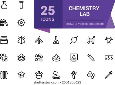 Chemistry Lab icon set. Simple Set of Chemical Related Line Icons. Contains such Icons as Atom, Flask, Experiment, Research, Laboratory and more.