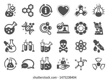 Chemistry lab icons. Chemical formula, Microscope and Medical analysis. Laboratory test flask, reaction tube, chemistry lab icons. Microscopic research, toxic radiation. Quality set. Vector