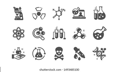 Iconos del laboratorio de química. Fórmula química, Microscopio y análisis médico. Matraz de prueba de laboratorio, tubo de reacción, iconos de laboratorio de química. Conjunto clásico. Conjunto de calidad. Vector