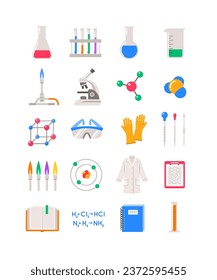 Chemistry lab icons. Chemical laboratory equipment symbols. Chemistry school subject. Simple flat pictograms of equipment for scientific experiment: microscope, flask, burner, safety goggles, lab coat