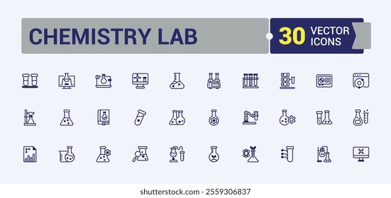 Chemistry Lab icons set in linear style. Contains related to chemical, technology, dropper, experiment, element, chemistry, analysis, flask. Pixel perfect. Vector line and solid icons.