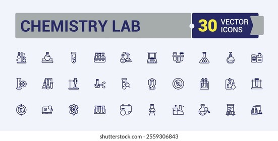 Chemistry Lab icons set in linear style. Contains related to chemical, technology, dropper, experiment, element, chemistry, analysis, flask. Pixel perfect. Vector line and solid icons.