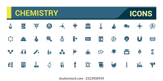 Chemistry lab icons set. Related to showing assorted experiments. Filled icon collection, glyph icon for web and ui. Solid icons pack. Vector illustration.