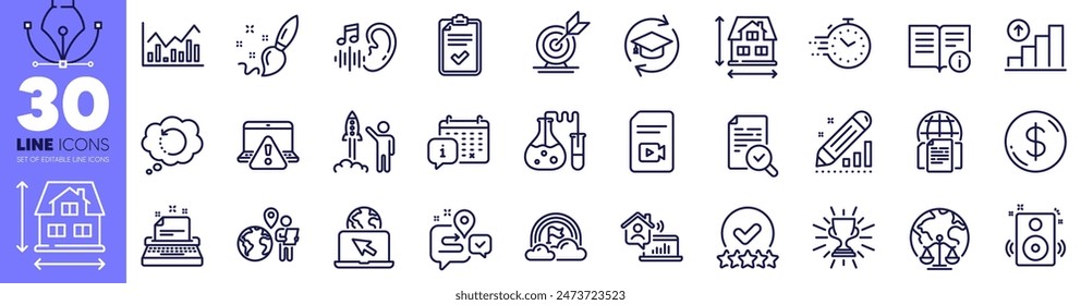 Chemistry lab, Internet documents and Online warning line icons pack. Timer, Checklist, Paint brush web icon. Recovery data, Video file, Hearing pictogram. Target goal. Design with pen tool. Vector