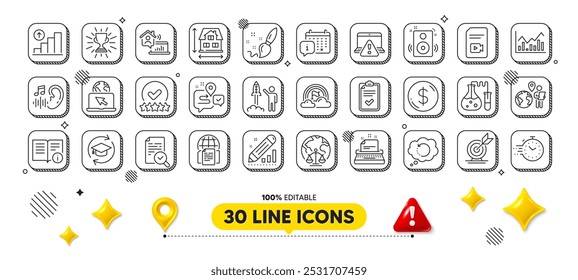 Chemistry lab, Internet documents and Online warning line icons pack. 3d design elements. Timer, Checklist, Paint brush web icon. Recovery data, Video file, Hearing pictogram. Target goal. Vector