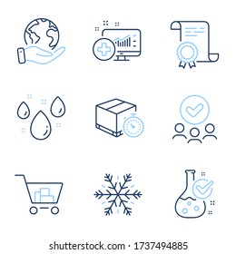 Chemistry lab, Internet shopping and Air conditioning line icons set. Diploma certificate, save planet, group of people. Medical analytics, Delivery timer and Rainy weather signs. Vector