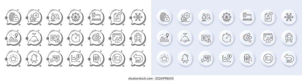 Chemistry lab, Job and Air conditioning line icons. White pin 3d buttons, chat bubbles icons. Pack of Star, Resume document, No card icon. Ceiling lamp, Clock bell, Wallet pictogram. Vector