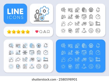 Chemistry lab, Job and Air conditioning line icons for web app. Message, Share, Like social media icons. Pack of Star, Resume document, No card pictogram icons. Vector