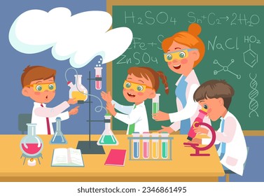 Lección de laboratorio de química. El profesor con alumnos en laboratorio escolar realiza experimentos prácticos. Niños inteligentes con tubos de prueba. Niños y niñas estudian en el aula. Espléndido