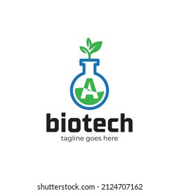 Letra de laboratorio de química Una plantilla de logotipo, cristalería y moléculas aisladas en fondo blanco.