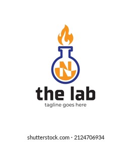 Chemistry lab letter N logo template, glassware and molecules isolated on white background.