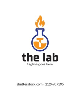 Chemistry lab letter T logo template, glassware and molecules isolated on white background.