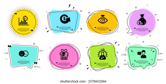 Chemistry lab, Like and Dollar exchange line icons set. Chat bubbles with quotes. Eye laser, Cash and Survey signs. Person talk, Report timer symbols. Laboratory, Social media dislike. Vector