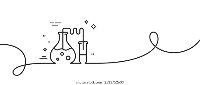 Ícone de linha do laboratório de química. Uma linha contínua com curva. Sinal do frasco de laboratório. Símbolo de análise. Fita de contorno único do laboratório de química. Padrão de curva de loop. Vetor