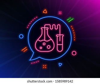 Chemistry lab line icon. Neon laser lights. Laboratory flask sign. Analysis symbol. Glow laser speech bubble. Neon lights chat bubble. Banner badge with chemistry lab icon. Vector