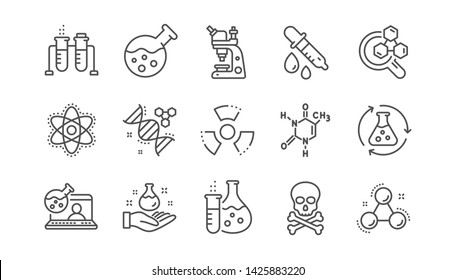 Chemistry lab line icons. Chemical formula, Microscope and Medical analysis. Laboratory test flask, reaction tube, chemistry lab icons. Linear set. Vector - Shutterstock ID 1425883220