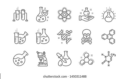 Chemistry lab line icons. Chemical formula, Microscope and Medical analysis. Laboratory test flask, reaction tube, chemistry lab icons. Linear set. Vector