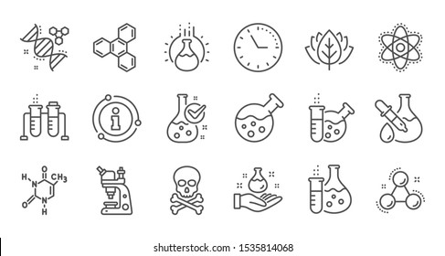 Chemistry lab line icons. Chemical formula, Microscope and Medical analysis. Laboratory test flask, reaction tube, chemistry lab icons. Linear set. Quality line set. Vector