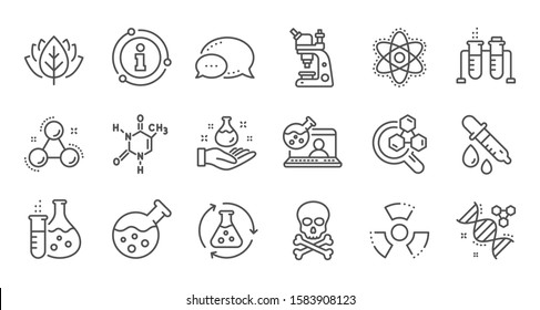 Chemistry lab line icons. Chemical formula, Microscope and Medical analysis. Laboratory test flask, reaction tube, chemistry lab icons. Linear set. Quality line set. Vector