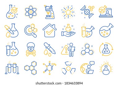 Chemistry lab line icons. Chemical formula, Microscope and Medical analysis. Laboratory test flask, reaction tube, chemistry lab icons. Microscopic research, toxic radiation. Line icon set. Vector