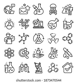 Chemistry lab line icons. Chemical formula, Microscope and Medical analysis. Laboratory test flask, reaction tube, chemistry lab icons. Microscopic research, toxic radiation. Line icon set. Vector