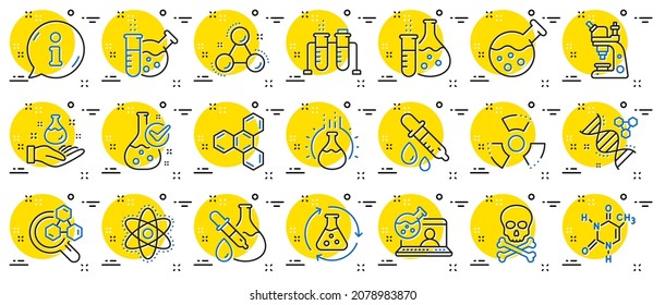 Chemistry lab line icons. Chemical formula, Microscope and Medical analysis. Laboratory test flask, reaction tube, chemistry lab icons. Microscopic research, toxic radiation. Vector