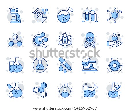 Chemistry lab line icons. Chemical formula, Microscope and Medical analysis. Laboratory test flask, reaction tube, chemistry lab icons. Microscopic research, toxic radiation. Vector