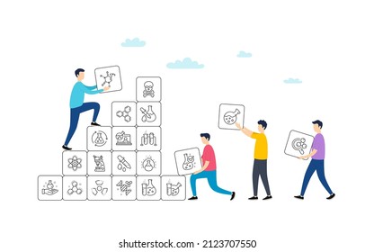 Chemistry lab line icons. People team work concept. Chemical formula, Microscope and Medical analysis. Laboratory test flask, reaction tube, chemistry lab icons. Vector