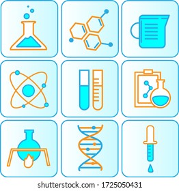 Chemistry lab line vector icons. Chemical formula, Microscope and Medical analysis. Laboratory test flask, reaction tube, chemistry lab icons. Microscopic research, toxic radiation. Vector