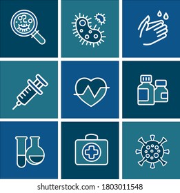 Chemie Labor Linie Vektorsymbole. Chemische Formel, Mikroskop und medizinische Analyse. Krankenhaus und Impfstoff, Virus, Pharmazie-Laborsymbole. Vektorset-Symbole