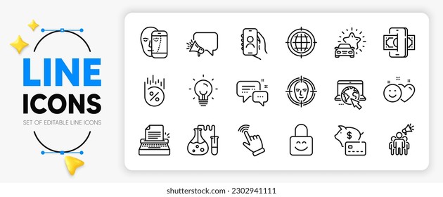 Chemistry lab, Loan percent and Lock line icons set for app include Piggy bank, Smile, Internet outline thin icon. Cursor, Face biometrics, Brand ambassador pictogram icon. Face detect. Vector