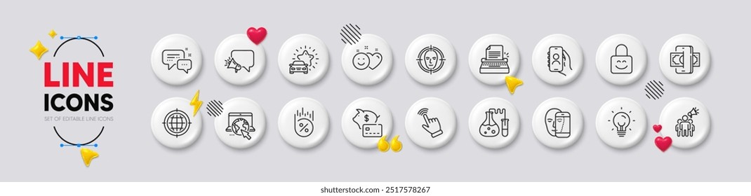 Chemistry lab, Loan percent and Lock line icons. White buttons 3d icons. Pack of Piggy bank, Smile, Internet icon. Cursor, Face biometrics, Brand ambassador pictogram. Vector