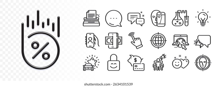 Chemistry lab, Loan percent and Lock line icons for web app. Glare of light effect. Message icon. Pack of Piggy bank, Smile, Internet pictogram icons. Vector