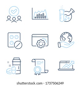 Chemistry lab, Medical tablet and Seo gear line icons set. Diploma certificate, save planet, group of people. Infographic graph, Sales diagram and Medical drugs signs. Vector