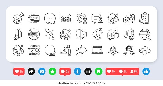 Chemistry lab, New message and Time management line icons pack. Social media: share, comment, like icons. Vitamin h1, Laptop, 3d chart web icon. Infochart, Augmented reality, Moon pictogram. Vector