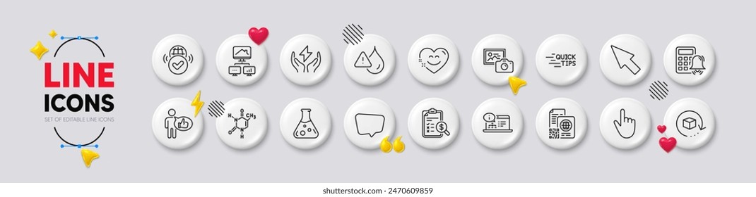 Chemistry lab, Online documentation and Accounting report line icons. White buttons 3d icons. Pack of Smile chat, Safe energy, Qr code icon. Work home, Return package, Chat message pictogram. Vector