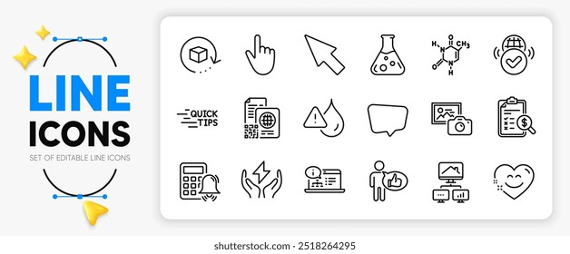 Chemistry lab, Online documentation and Accounting report line icons set for app include Smile chat, Safe energy, Qr code outline thin icon. Work home, Return package. Vector