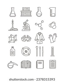 Iconos del contorno del laboratorio de química. Símbolos lineales del equipo de laboratorio químico. Clase de química, glifos escolares. Pictogramas de línea delgada de microscopio, matraz, quemador, gafas de seguridad, capa de laboratorio, molécula