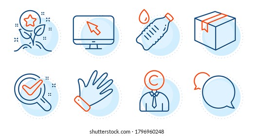 Chemistry lab, Parcel and Messenger signs. Hand, Internet and Copyrighter line icons set. Water bottle, Loyalty points symbols. Waving palm, Monitor with cursor. Business set. Vector