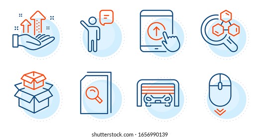 Chemistry lab, Parking garage and Search files signs. Scroll down, Agent and Packing boxes line icons set. Swipe up, Analysis graph symbols. Mouse swipe, Business person. Technology set. Vector